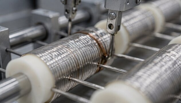 Closeup medium shot of chassismount wirewound power resistors being assembled with fine metal wire wrapped tightly around ceramic cylinders by automated equipment.