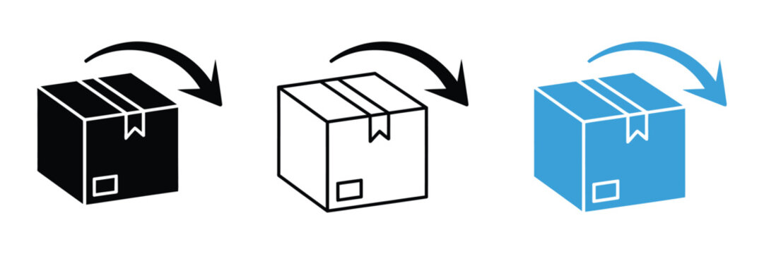 Return package shipping cardboard box return icon set, open package delivery symbols for refund policy, order replacement, unboxing and warehouse logistics themes in clean vector illustration style.