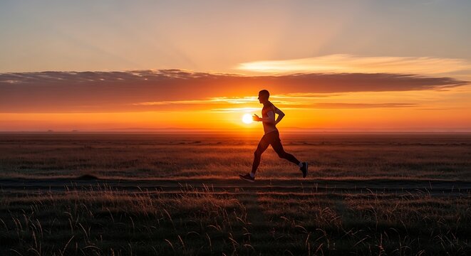Runner silhouette against sunset sky fitness and exercise concept