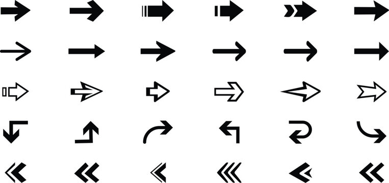 arrow icons set. Cursor. Black vector arrows icons. Collection different arrows sign. Modern simple arrows. Black arrow pointing to the right. Black direction