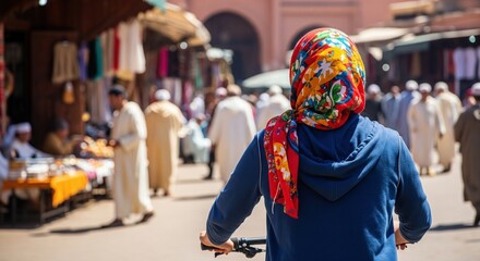 Obraz premium Woman in colorful headscarf riding bicycle through busy sunny traditional oriental market street