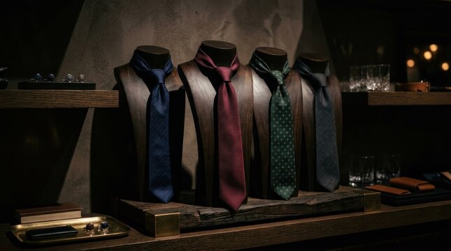 A collection of ties displayed on wooden racks in a dimly lit store.