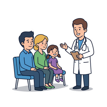 A kind doctor consults with a family, offering medical advice and support to parents and their child in a clinic setting, promoting family wellness and primary healthcare services