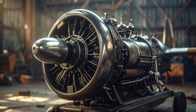 Vintage aircraft radial engine close-up in workshop with detailed metal parts and industrial setting