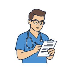 Fototapeta premium Professional doctor in blue uniform with stethoscope writing on clipboard, illustration of medical professional
