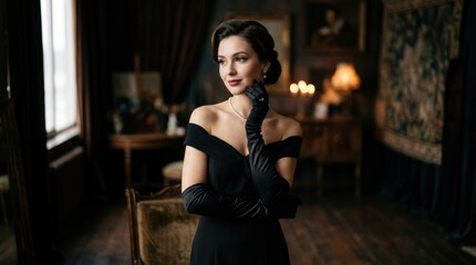 Obraz premium A woman in a black dress with long black gloves, standing in a luxurious, dimly lit room with ornate furniture and a large window.