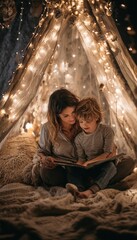 Obraz premium Mother and son reading a storybook in a teepee tent made of blankets, fairy lights, magical cozy atmosphere
