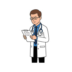 Fototapeta premium A focused male doctor wearing a white coat and stethoscope intently reviews a medical chart on a clipboard, appearing serious
