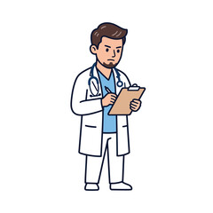 Fototapeta premium Illustration of a serious doctor wearing a white coat and stethoscope, intently writing on a clipboard, representing healthcare professionals and medical record-keeping