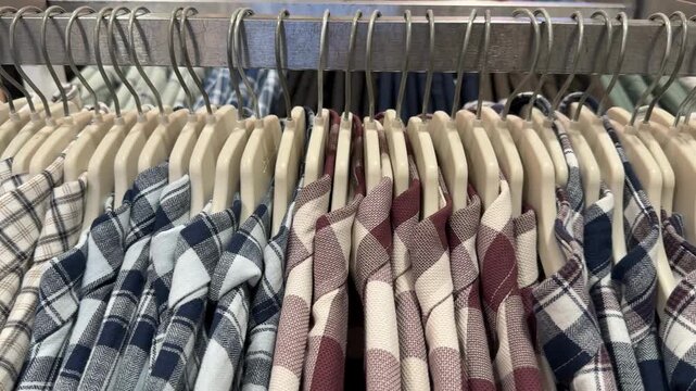 Plaid shirts on hangers in clothing store display, showcasing variety of patterns and colors