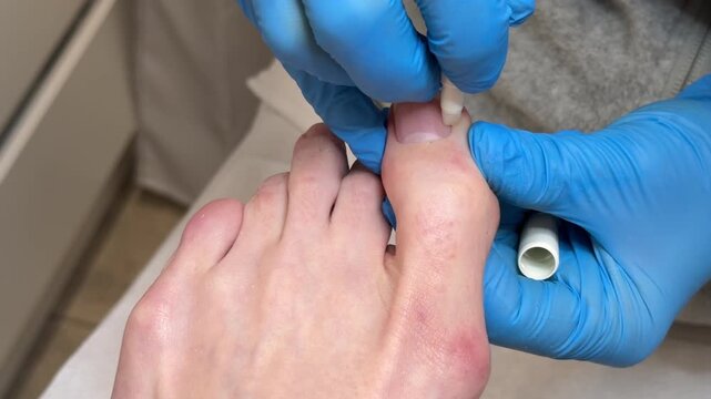 Close up footage of professional podiatrist performing toenail treatment and foot care procedure using manicure tool while wearing blue medical gloves. Healthcare, hygiene, podology and beauty salon c