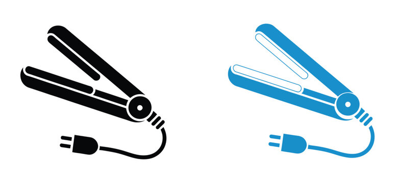 Hair straightener with plug icon. Flat icons set of hair styling tools with plugs in minimalist flat design, clean line and glyph beauty appliance icons for cosmetic and personal care branding.
