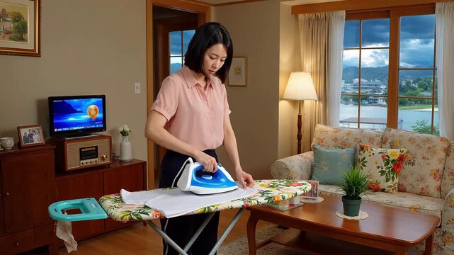 リビングルームでアイロンをかける女性は,多様性,包容性,そして現代社会を象徴している。