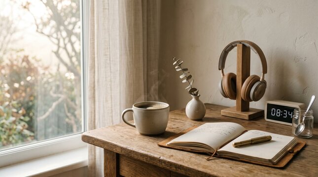 Cozy morning desk with coffee headphones and journal
