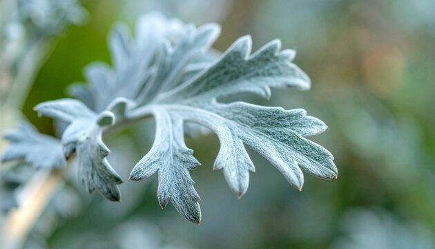 Artemisia absinthium wormwood silver-grey leaf close-up with dew drops in soft natural light