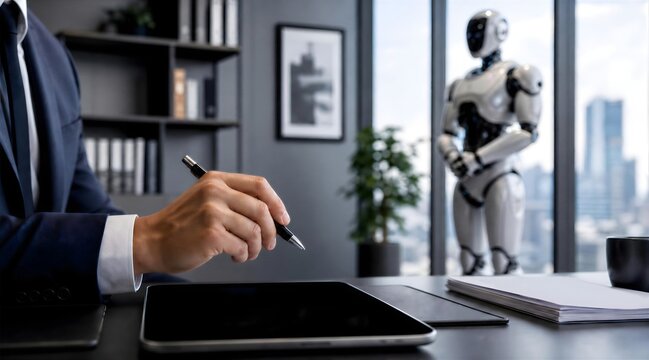 Business professional using digital tablet with AI humanoid robot assistant in modern office workspace