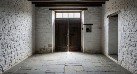 Fototapeta premium Old rustic room interior with white stone walls and heavy wooden door with light beam