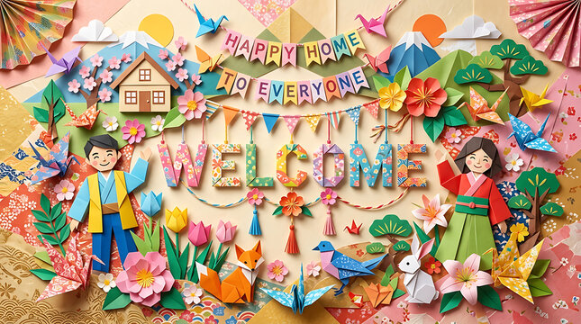 Colorful welcome composition with origami style elements on transparent background high quality