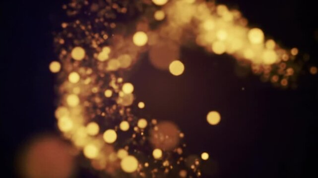 Mesmerizing golden particles and luminous orbs swirl in an abstract black and indigo void with warm bokeh and flares, creating a magical, tranquil, and celebratory atmosphere