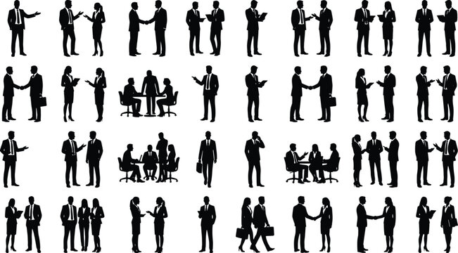 Business people silhouettes set meeting handshake presentation and teamwork poses isolated black corporate figures collection