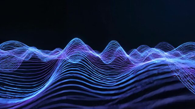 Abstract digital rendering of wavy lines of blue and purple light against a black background