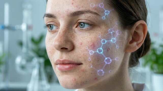 Young adult female with acne prone skin. A molecular graphic overlay shows a scientific formula. Skincare technology and dermatology treatment concept