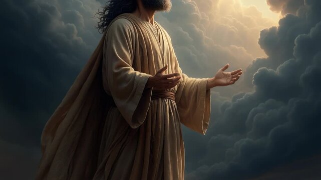 The resurrection of jesus christ with open hands offering salvation and hope. A divine cinematic banner for christian faith, worship, and easter events