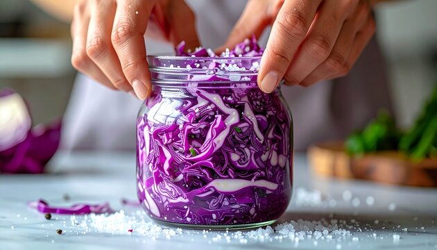 Hands pressing purple cabbage into glass jar for homemade fermented sauerkraut preparation in kitchen