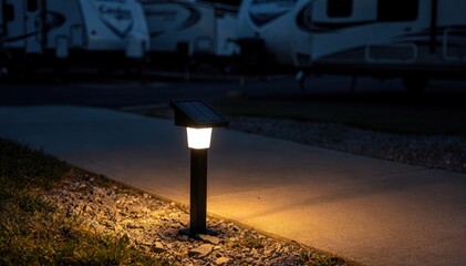 Fototapeta premium Medium shot of a solarpowered path light casting a soft glow along an RV park walkway highlighting its secure and lowglare nighttime illumination.
