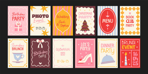 Obraz premium Party invitations and greeting cards set retro cartoon style. Birthday, wedding, brunch and dinner posters with festive typography and celebration mood. Printable templates for creative event design