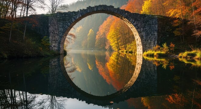 Rakotzbr?cke Devils Bridge Reflection in Autumn Forest Lake.
