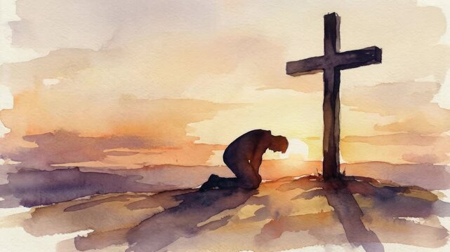 Silhouette of a person kneeling in prayer before the cross at sunrise. Watercolor painting symbolizing faith, repentance, and salvation. Religious concept for easter and worship