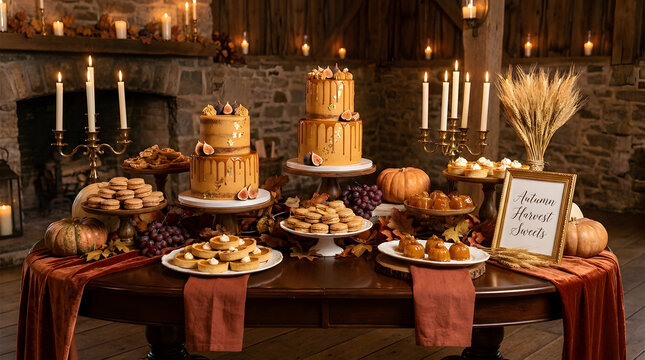 Elegant Autumn Harvest Celebration A luxurious dessert table laden with cakes, pastries, and sweets, glowing candlelight, and rustic fall decor
