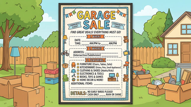 Garage sale poster template with illustrated details on transparent background high quality