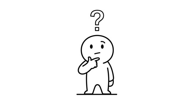 Thoughtful Cartoon Character with Question Mark Above Head on Isolated White Background