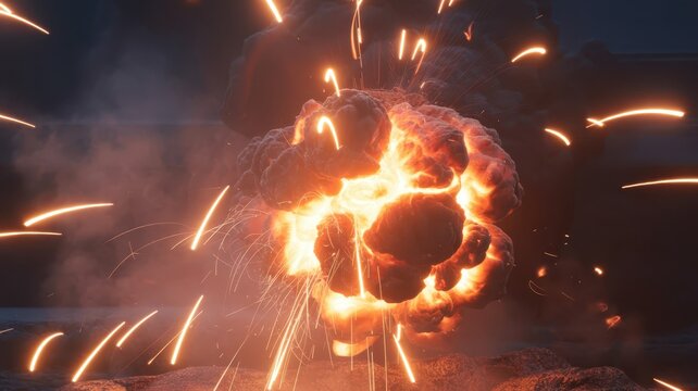Explosive fireball crashing with sparks and smoke on dark background