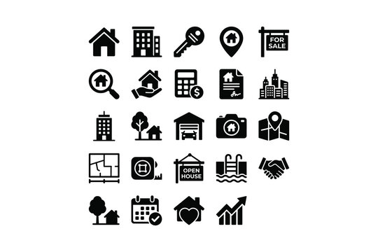 Real estate and property black solid glyph icon set, home location house mortgage business symbols vector