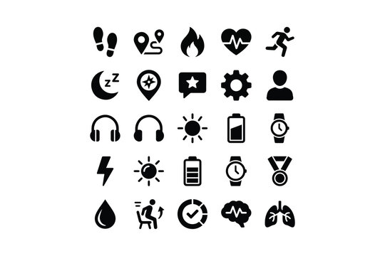 Medical health and fitness lifestyle black solid glyph icon set, sport running wellness symbols vector illustration