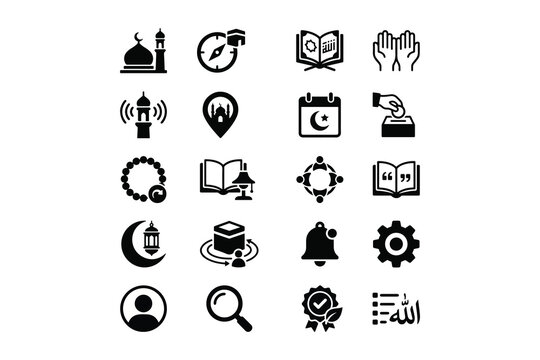 Islamic and ramadan celebration black solid glyph icon set, mosque crescent moon religion culture symbols vector