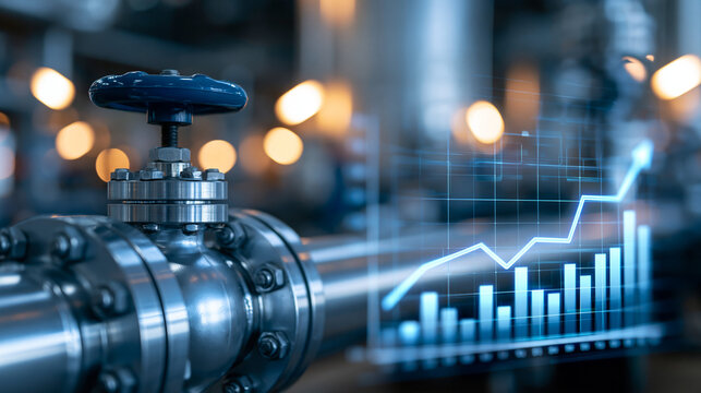 Metal pipeline and industrial valve at a refinery plant with an upward financial graph and bar chart overlay, energy sector growth and commodity market trading performance