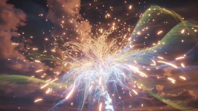 Bright Firework Explosion Lighting Up Night Sky with Sparks and Color