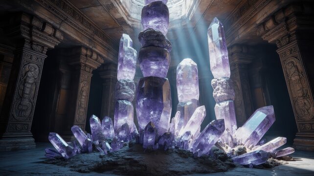 Large glowing purple crystal formation inside ancient temple with ornate architecture