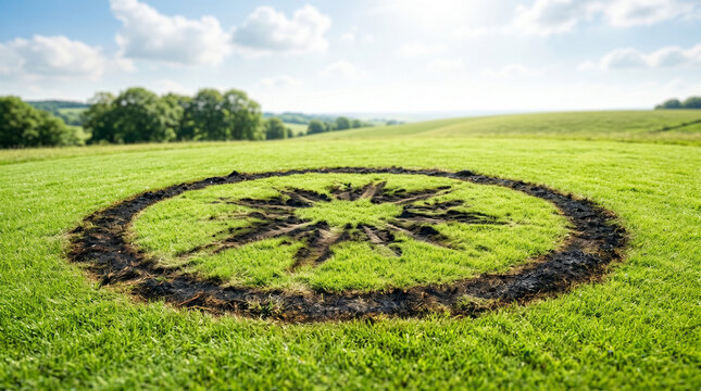 UFO landing site with scorch marks in grassy field for World UFO Day  