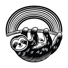 Fototapeta premium Black and white sloth hanging from rainbow, vector illustration, monochrome animal design, cute cartoon character