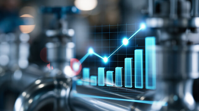 Close-up of industrial piping system with a glowing ascending bar chart overlay, increasing energy demand and utility price growth concept, power industry investment, defocused