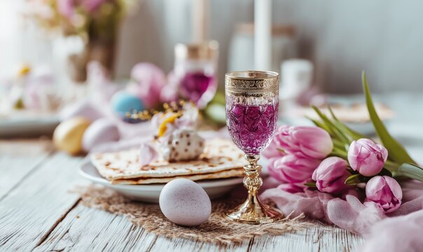 Beautifully arranged Passover Seder table featuring matzah, a ceremonial wine goblet, and fresh spring tulips on a wooden surface