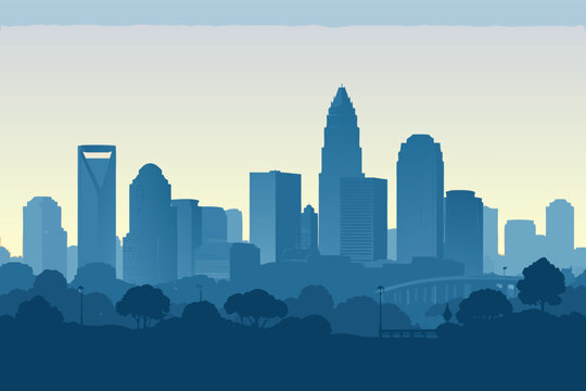 Charlotte North Carolina Downtown Cityscape Silhouette Vector Illustration. Minimalist Flat Design of Queen City Skyline with Bank of America Corporate Center and Duke Energy Center at Sunset.