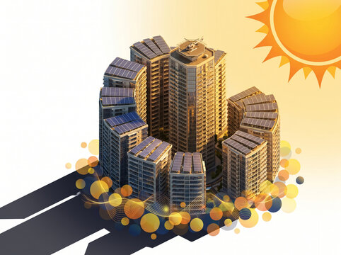 Solar Powered Circular City Buildings During Golden Hour Sunset