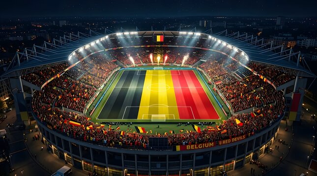 Belgium soccer stadium with fans and belgian flag