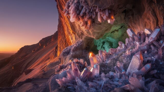 Stunning crystal cave interior with colorful mineral formations and sunset glow